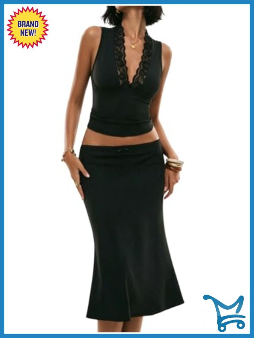 Women's Lace Trim 2 Piece Satin Skirt Set V Neck Sleeveless Midi